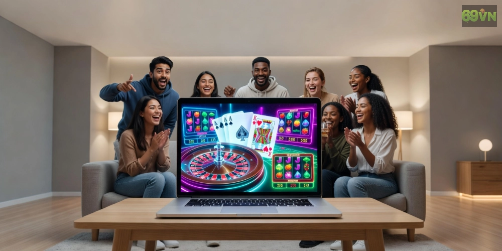 Minh họa khái niệm casino 69vn với giao diện trò chơi hiện đại và người chơi hứng thú