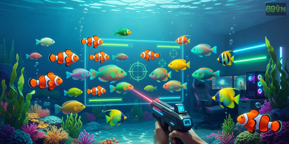 Hình minh họa giao diện game bắn cá online 69vn với cá đa dạng và hiệu ứng sống động