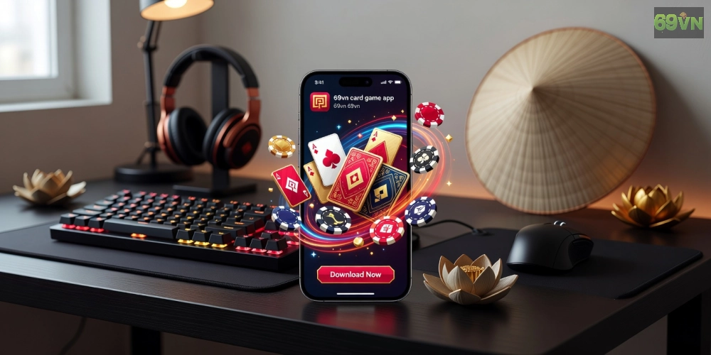 Hình minh họa khái niệm tải game bài 69vn với giao diện ứng dụng di động hiện đại và các trò chơi bài phổ biến